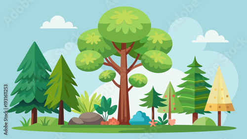 A serene forest scene featuring a large tree surrounded by smaller coniferous trees and bushes. isolated on white background, Vector