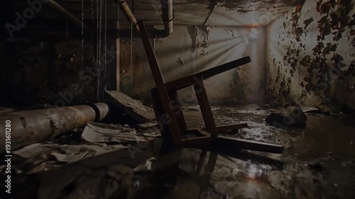 Desolate underground basement with weathered pipes and murky water reflecting a lone light