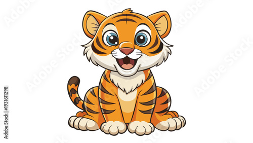 A cute cartoon tiger cub sitting and looking directly at the viewer isolated on white background, Vector