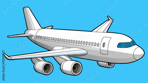 A sleek commercial airplane soaring through a clear blue sky with sunlight reflecting off its wings. isolated on white background, Vector