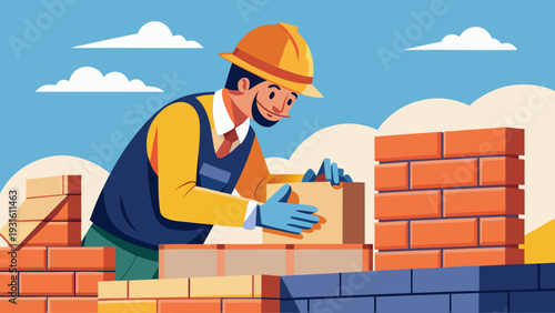 Construction worker carefully laying bricks under a sunny sky isolated on white background, Vector