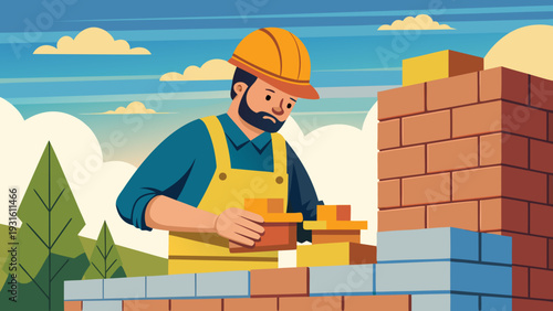 A cheerful construction worker carefully placing a brick on a building wall. isolated on white background, Vector