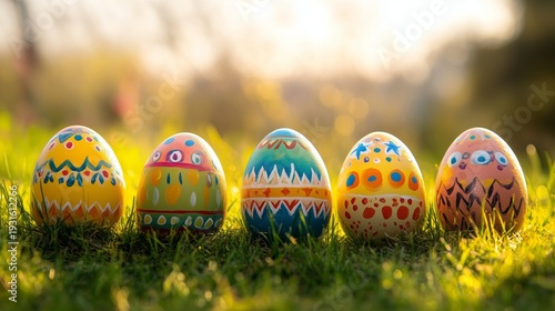 Colorful Eggs Placed on Green Grass During Easter in a Sunny Outdoor Setting ...