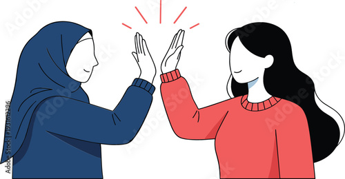 Two Diverse Women Giving High Five Gesture Celebrating Friendship Teamwork and Female Empowerment Concept Flat Vector Illustration Isolated on White Background