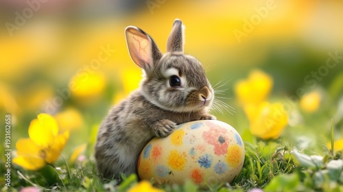 Cute Rabbit Sits Near Colorful Eggs in a Grassy Field During Springtime