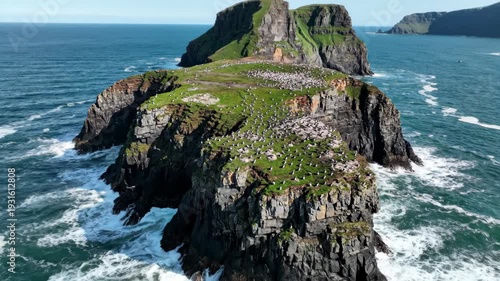 Aerial view of rocky island with lush green vegetation and seabirds nesting on cliffs, surrounded by turquoise ocean waves under clear blue sky