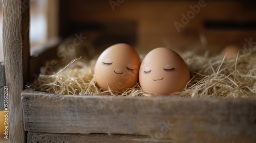 Two Eggs With Smiling Faces Rest Together in a Wooden Box Filled With Straw
