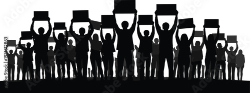 Protest demonstration crowd silhouettes holding blank banners activism rally people social movement strike rights vector illustration concept