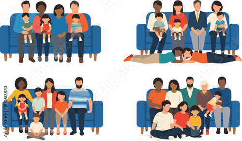 Diverse multicultural happy families with children sitting together on blue sofa for group portrait, unity, togetherness, parenthood, relationship, community, and social diversity