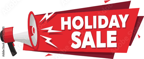 Red megaphone with white text announcing holiday sale on white background Keywords: megaphone, announcement, promotion
