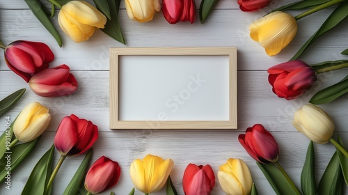 Bright Tulips Surround a Blank Frame on a Wooden Table in a Natural Light Set...