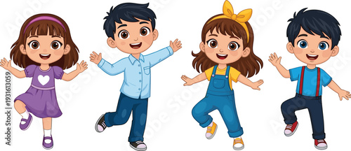 Happy cheerful children character set with diverse boys and girls jumping and waving for joy, celebration, childhood, friendship, play, and youth