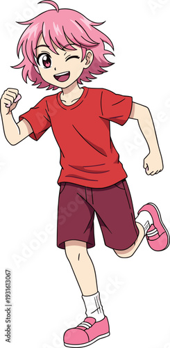 Happy young anime girl character with pink hair running and winking while wearing red t-shirt and shorts for sports and activity