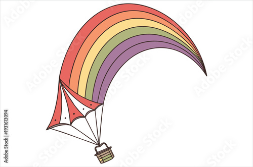A colorful paraglider soars through the air with a woven basket