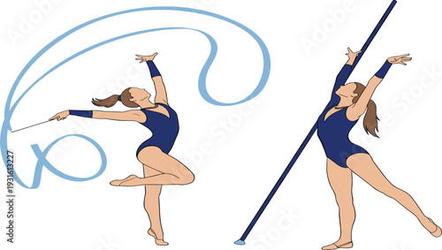 Artistic Rhythmic Gymnastics Girl Performing Ribbon and Hoop Routine in Elegant Pose Isolated on White Background Vector Illustration