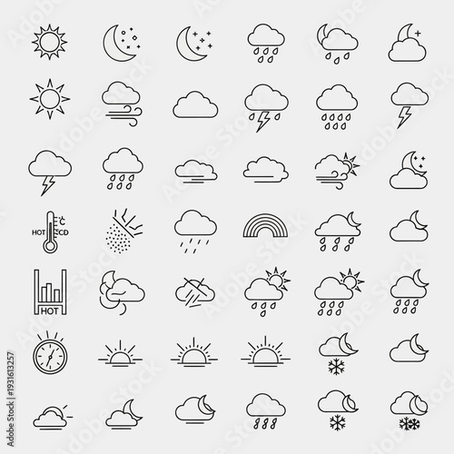 Comprehensive collection of weather forecast line icons, featuring sun, moon, clouds, rain, snow, thunder, wind, and temperature, on an isolated white background.