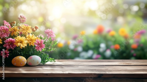 Colorful Eggs and Flowers Decorate a Wooden Table in Springtime Outdoors