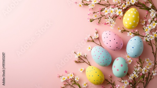 Colorful Eggs Lay Among Spring Flowers on a Light Background During the Easte...
