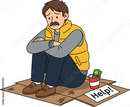 Sad lonely homeless man with mustache sitting on cardboard on street feeling depressed and hopeless needing financial help and charity assistance