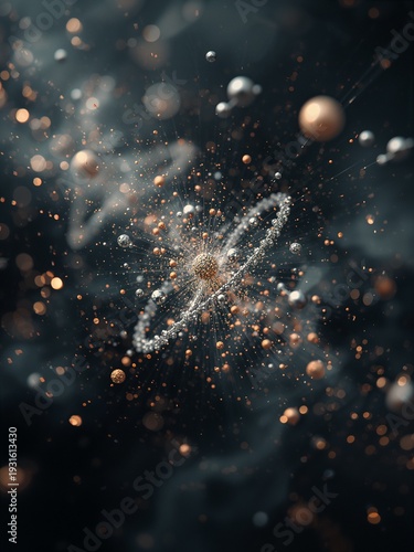 Glowing golden and silver particles form a complex atomic structure with orbital rings. Shimmering spheres and delicate light trails create a futuristic 3D visualization of molecular physics.