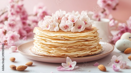 Pancakes With Flowers and Almonds on a Plate Surrounded by Pink Blossoms in S...