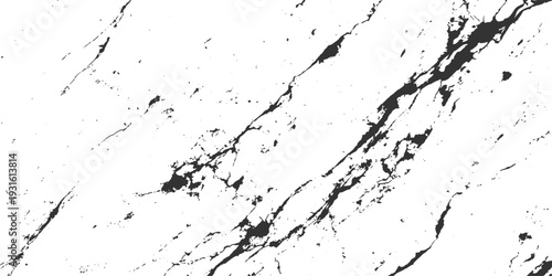A black ink splat creates a grunge texture of paint splashes and splatters on a dirty white paper backdrop, forming an artistic liquid stain design with an organic ink drop pattern