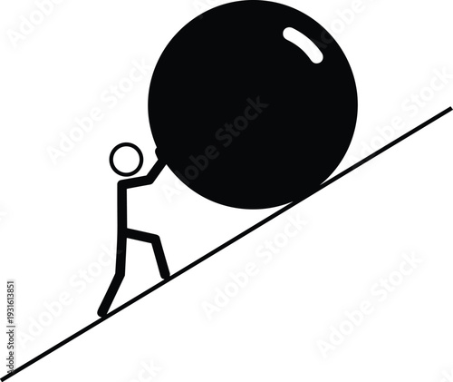 Stick figure pushing heavy boulder uphill challenge effort determination hard work success concept vector illustration