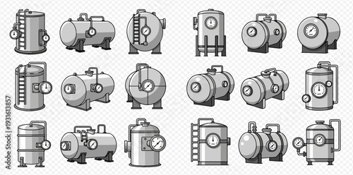 Set of industrial tanks and storage containers in various shapes and sizes, featuring gauges and pipes, on a transparent background.