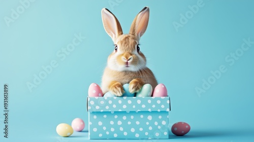 Cute Bunny With Colorful Eggs in a Box on a Blue Background During Easter Time