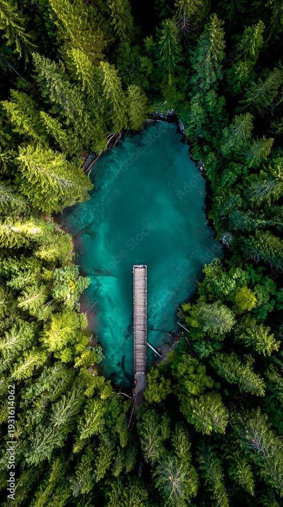 Fototapeta premium Turquoise Lake Pier Surrounded by Dense Forest Aerial View