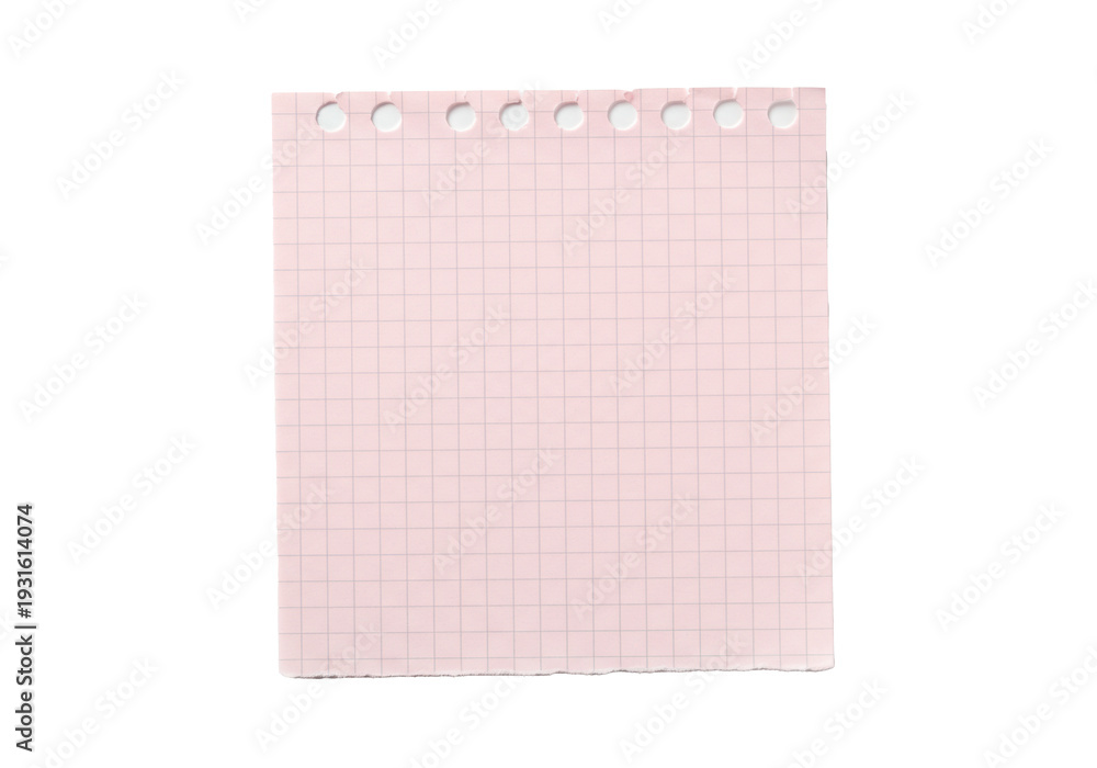Fototapeta premium A single sheet of pastel pink grid paper with subtle grey lines, natural texture, rough edges, two punched holes on a transparent background with copy space, ready for notes concept
