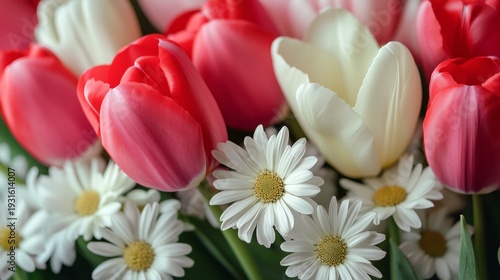 Bright Tulips and Daisies Arranged Together in a Floral Display During Spring...