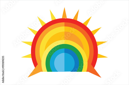 Abstract rainbow sun illustration with layered colorful arcs and bright rays