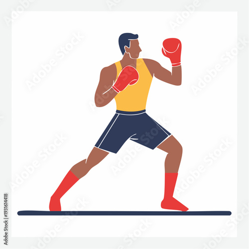Illustration of a boxer in a fighting stance with red boxing gloves and shorts