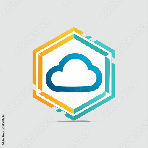 Abstract Hexagonal Cloud Icon with Colorful Geometric Border on a Light Gray Background