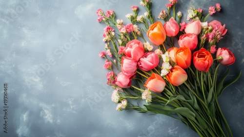 Bright Bouquet of Pink and Orange Flowers on a Gray Surface During the Day