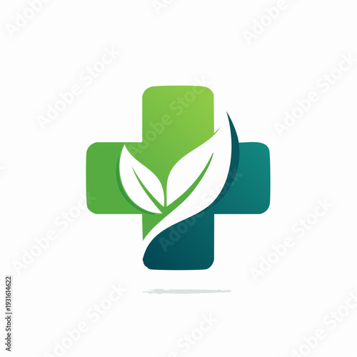 Vibrant green medical cross with nature leaves, symbolizing holistic health, natural remedies, and organic wellness care