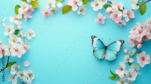 Butterflies and Flowers on a Blue Background During Springtime
