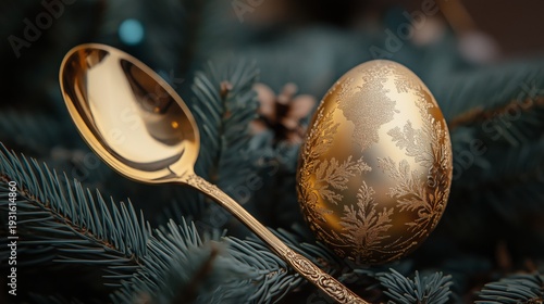 Golden Egg and Spoon Placed Among Evergreen Branches During a Festive Season ...