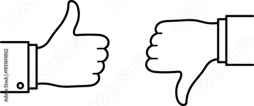 Thumbs up and thumbs down outline hand gestures showing like dislike feedback rating choice concept vector illustration isolated