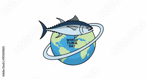 Illustration of a bluefin tuna encircling the Earth with a ring, conveying a sense of global sustainability and conservation.