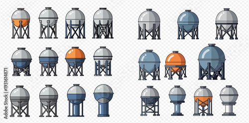 Set of industrial storage tanks, water towers, and silos for various liquids and gases, vector illustration.