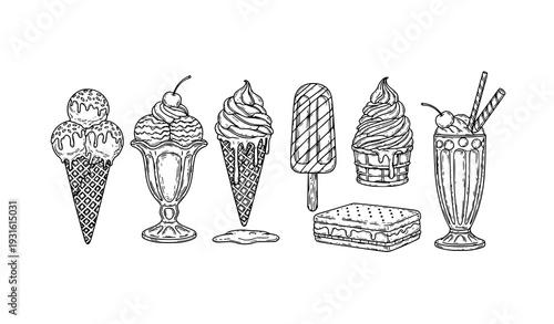 Vintage linear sketch ice cream dessert vector set with cones sundae popsicle and sweet frozen treats isolated on white