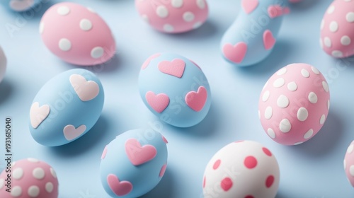 Colorful Easter Eggs Arranged on a Blue and Pink Background for a Festive Cel...