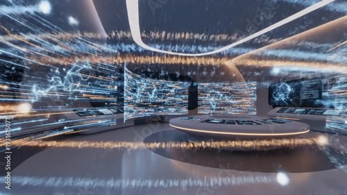 Dimly lit futuristic command center with curved white seating and holographic globe