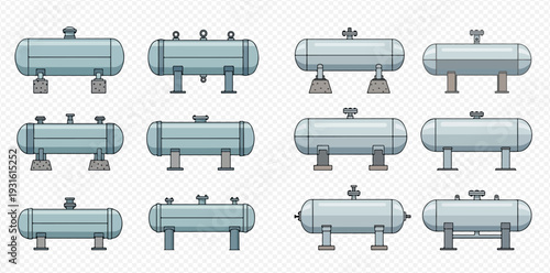 Set of various industrial horizontal storage tanks for liquids and gases.