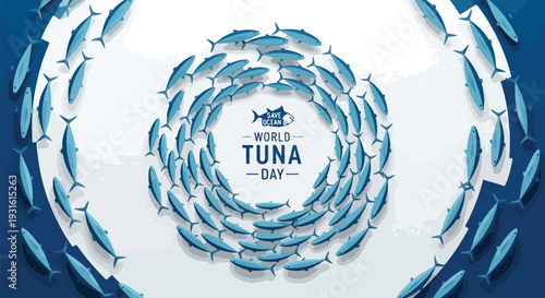 World Tuna Day logo with a blue spiral of tuna fish on a white background with dark blue accents.