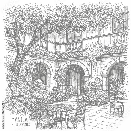 Serene courtyard of a traditional Manila house with lush greenery and patio furniture.