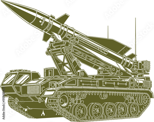 Powerful olive green silhouette of a mobile surface to air missile defense system featuring a large rocket mounted on armored tank tracks.