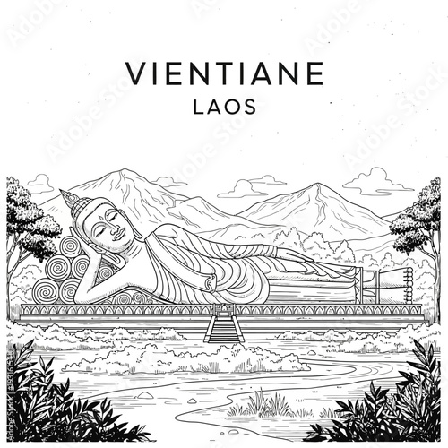 Reclining Buddha statue in Vientiane Laos serene landscape illustration.